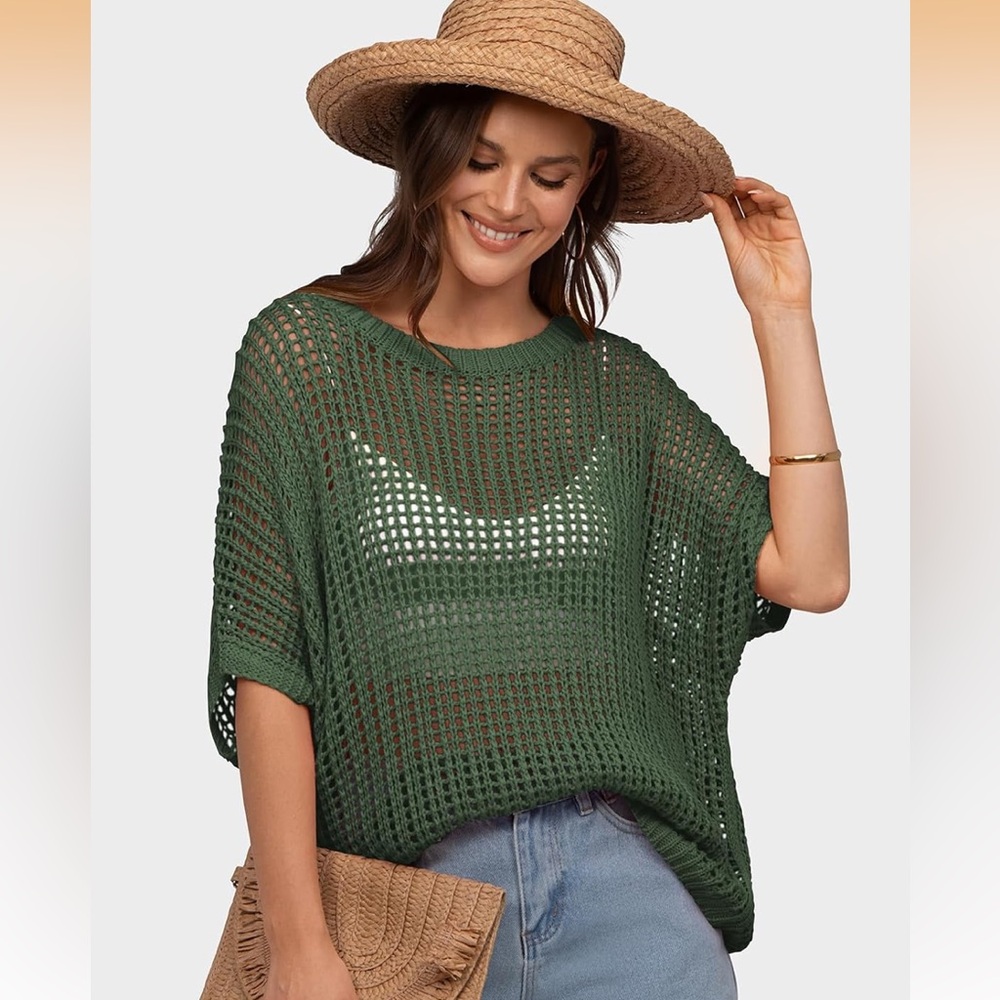 UHU crocheted short sleeve mesh Green Knit Sweater trendy top - Picture 4 of 15